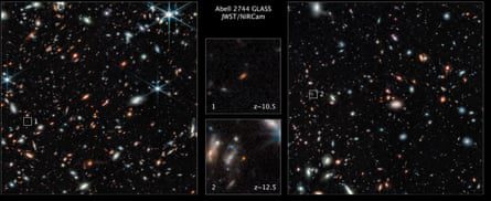 Merkezde galaksilerin kendilerinin sürüklenebilir büyütülmüş görüntüleri ile galaksileri gösteren konumlandırma kutularına sahip iki yıldız alanı