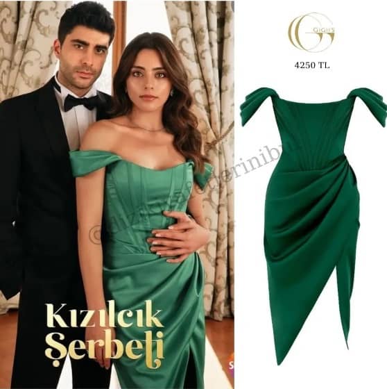 Doğa Sıla Türkoğlu'nun Kızılcık Şerbeti serisinde giydiği yeşil elbise