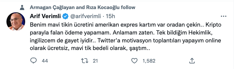 arif verimli den twitter daki mavi tik ucretleri ile ilgili dikkat ceken paylasim