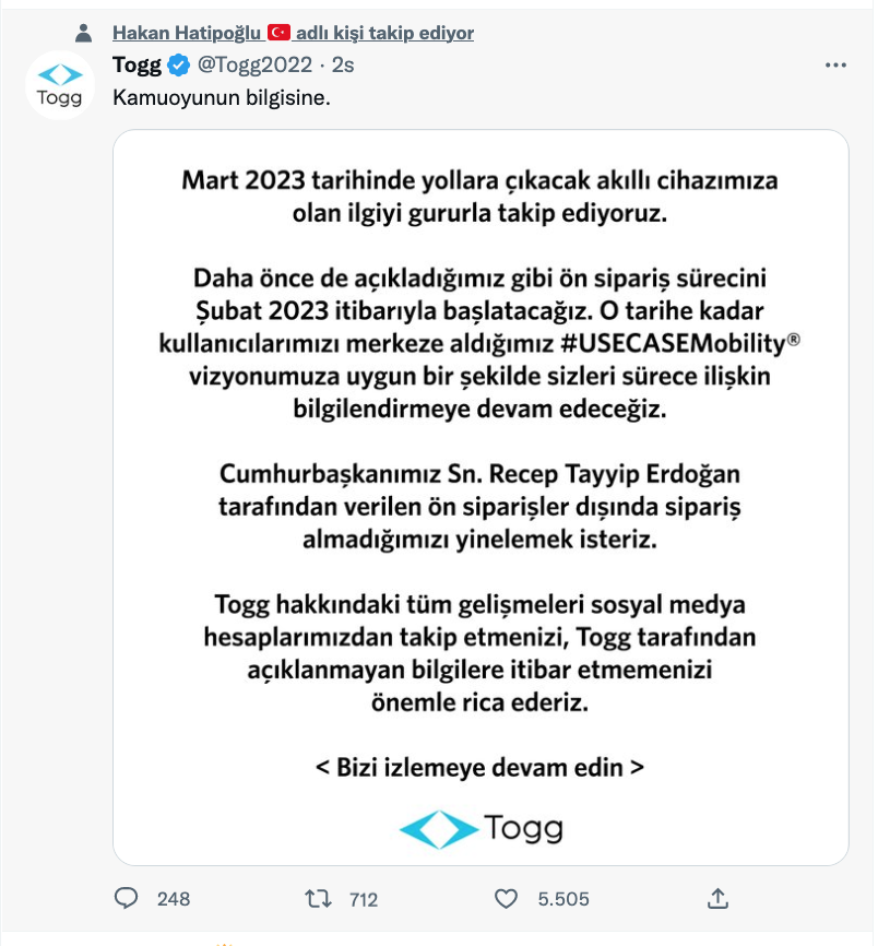 togg dan on siparis aciklamasi gundem oldu