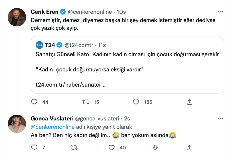 cenk eren den gunseli kato nun kadin olmak ile ilgili sozlerine yanit cok ayip