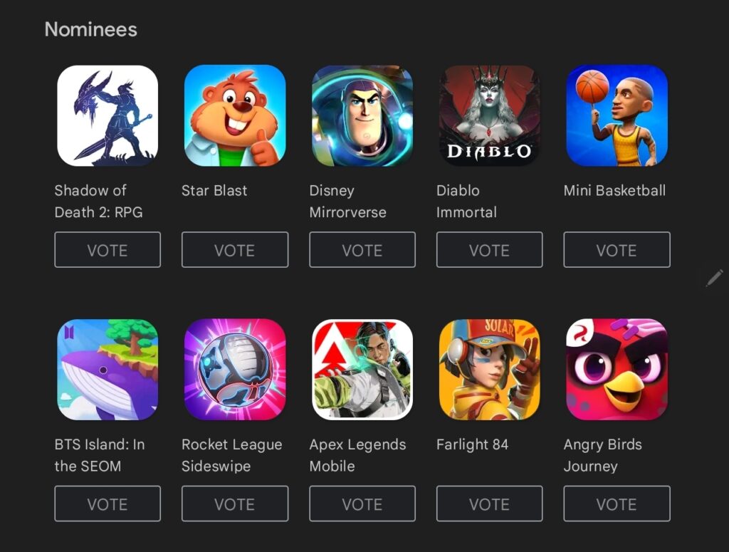 Google Play Kullanıcılarının Seçimi ödülüne aday gösterilen 10 mobil oyun.