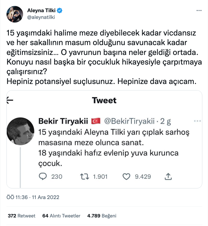 aleyna tilki den cocuk istismari ile ilgili kendisi uzerinden yapilan paylasimlara isyan