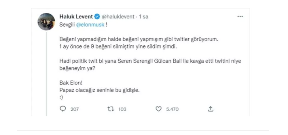 haluk levent ten elon musk a sahte begeni tepkisi