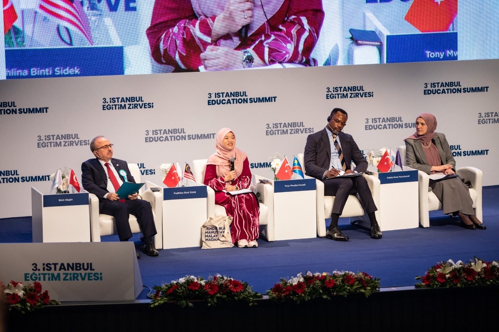 Photo shows Türkiye Maarif Foundation chair Birol Akgün (L), Malaysian politician and lawyer Fadhlina binti Sidek (C-1), politician in Democratic Republic of Congo Tony Mwaba Kazadi (C-2) and Bosnian Minister Naida Hota-Muminovic during the 3rd Istanbul Education Summit, Istanbul, Türkiye, November 2023.